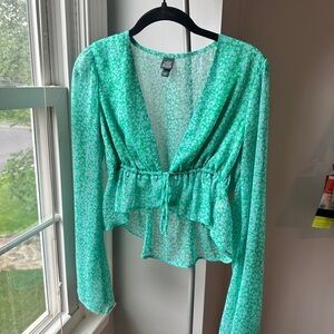 Wild Fable Green Long Sleeve Tie Front Peplum Blouse